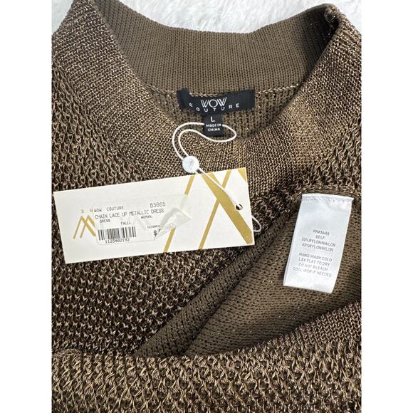 NWT “WOW Couture Gold Metallic Mesh Bodycon Dress w/ Chain Detail large - Picture 12 of 17